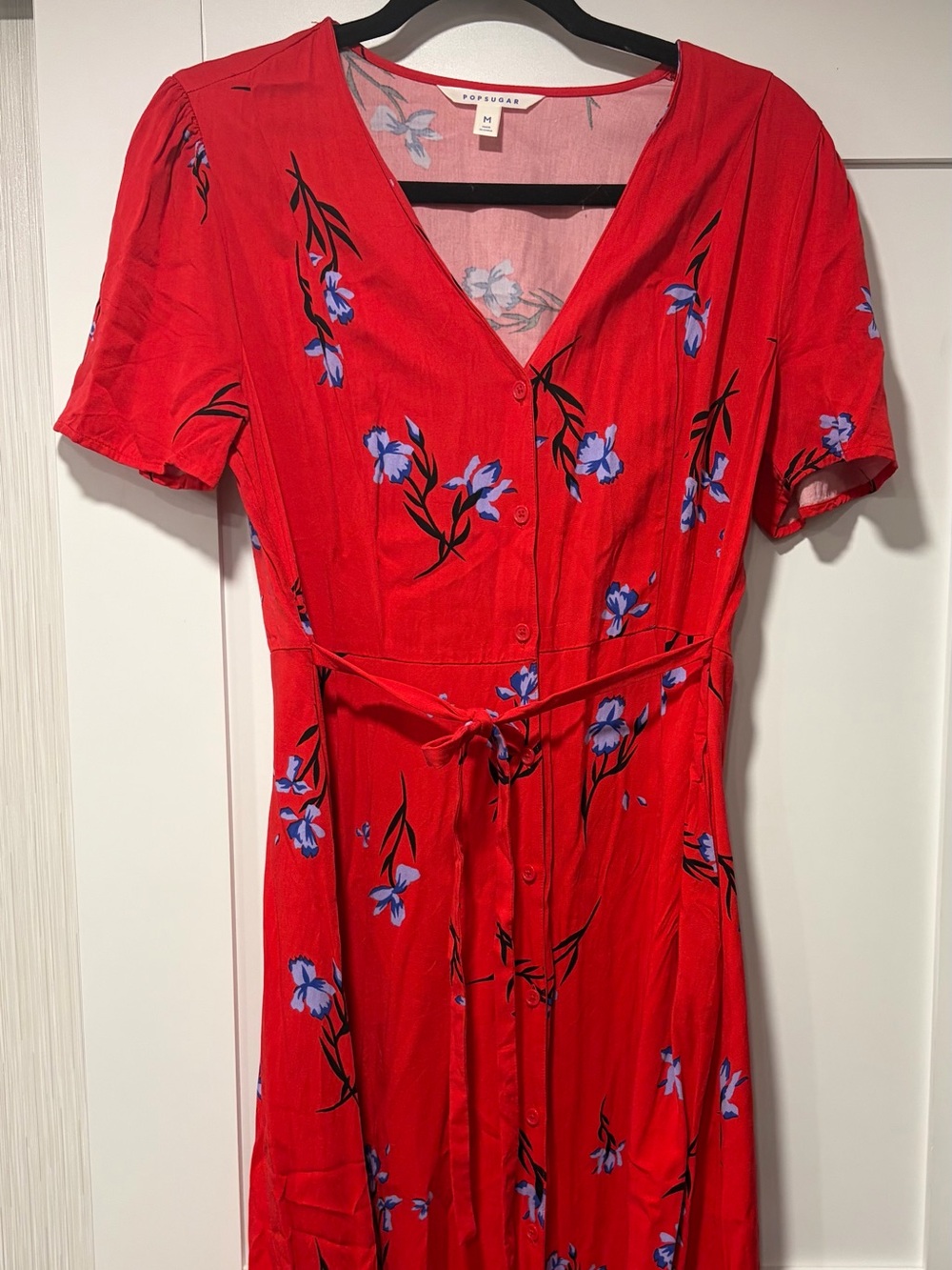 POPSUGAR Red Midi Dress with Blue Floral Print